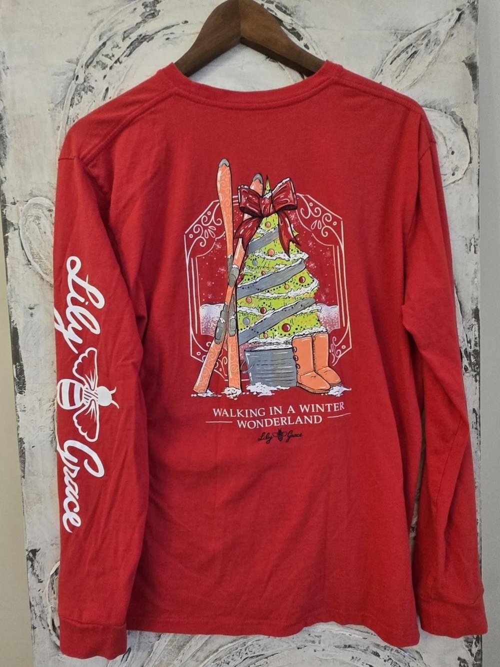 Lily Grace Red Long-Sleeve Graphic Tee - Winter Tree & Ski Design